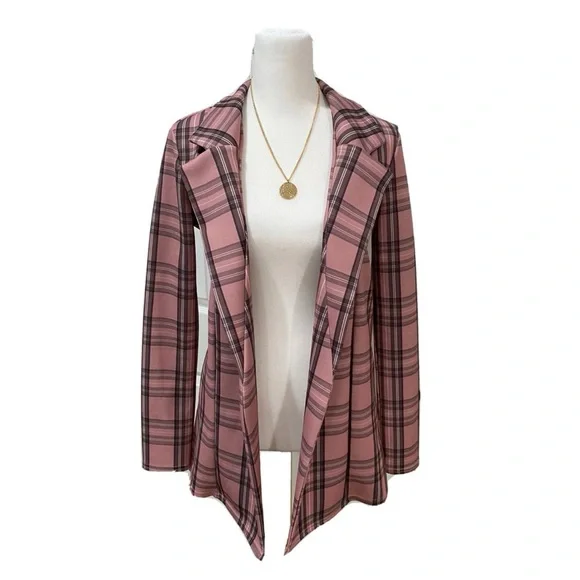 PRETTY LITTLE THING Open Front Blazer Sz 4 Small Pink Plaid Jacket Preppy Slim - Picture 3 of 8